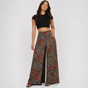 Vintage Leopard Print Floral Chiffon Palazzo Pant Flowy Boho Layered Festival 4
